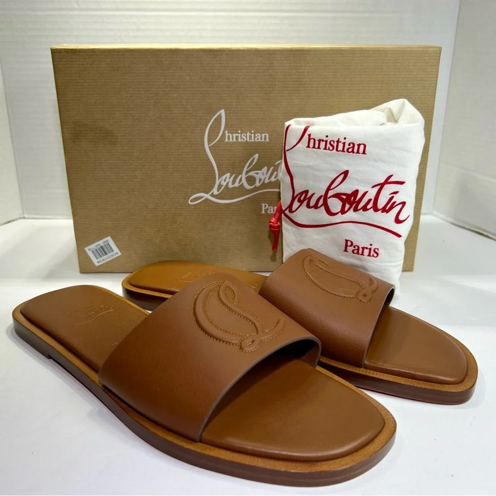 CHRISTIAN LOUBOUTIN CL MULE FLAT SANDAL EMBROIDERED LOGO BROWN LEATHER SZ 39 NEW - Picture 6 of 15